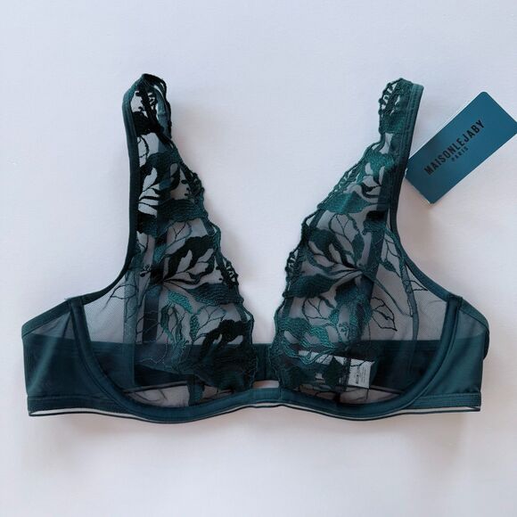 NWT Maison Lejaby Sin Embroidered Underwired Triangle Bra in Lagoon Teal Sz 36B - Picture 6 of 11